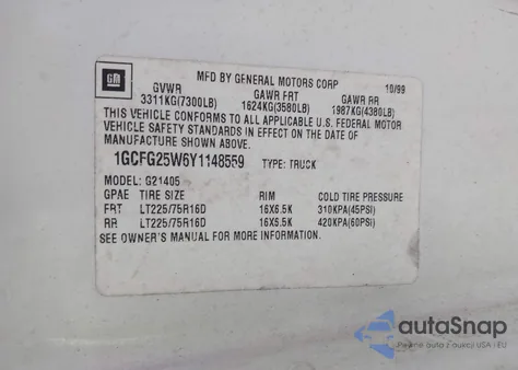 2000 Chevrolet Express из США, поврежденный, VIN 1GCFG25W6Y1148559